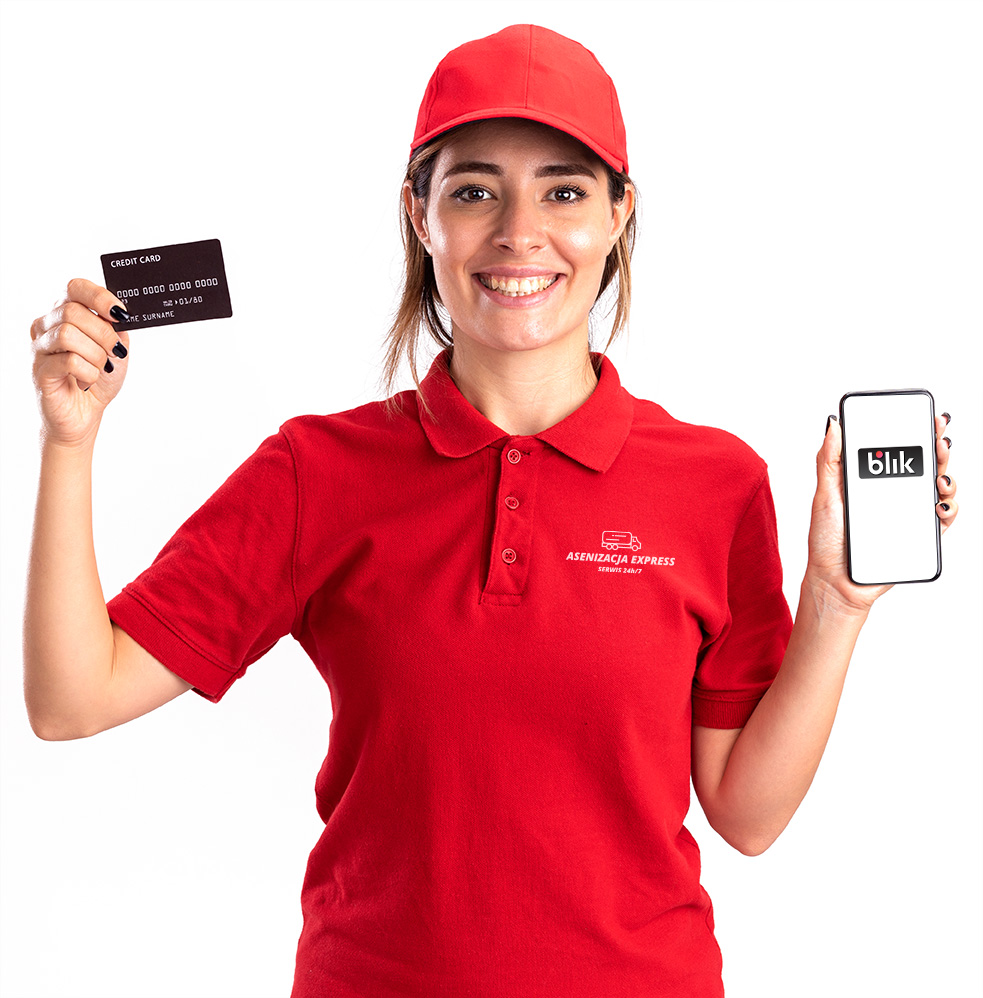 smiling young pretty delivery girl in uniform holds credit card and phone isolated on white background with copy space